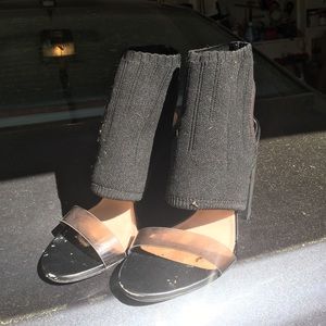 Black fabric heels with a clear strap